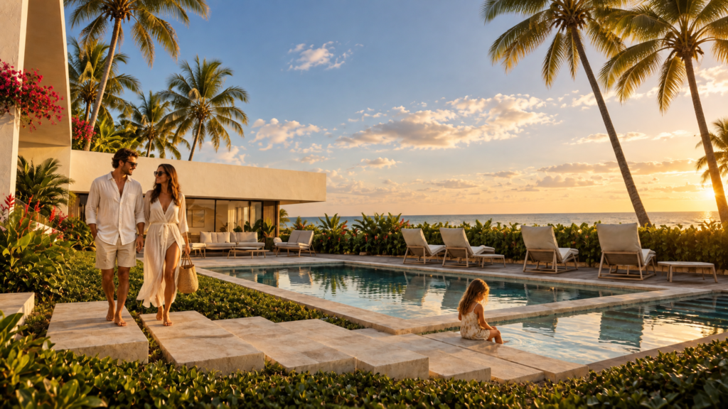 Sangano, piscina e jardim ao pôr do sol