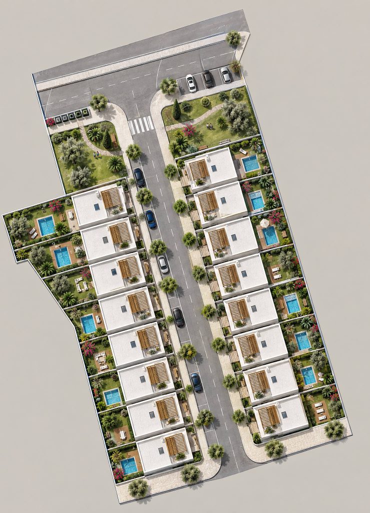 Montenegro, Faro: planta de implantação do loteamento de 18 lotes com rua central (imagem BIM&IA)