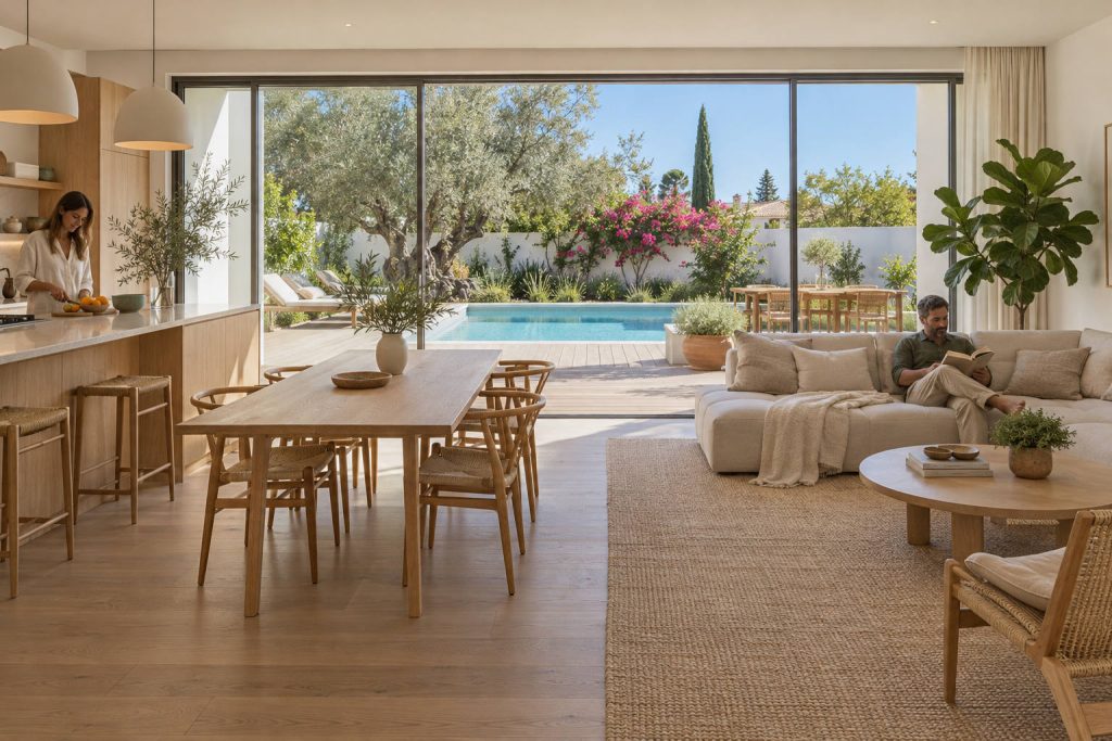 Montenegro, Faro: sala e cozinha de uma moradia abertas ao jardim e à piscina (imagem BIM&IA)